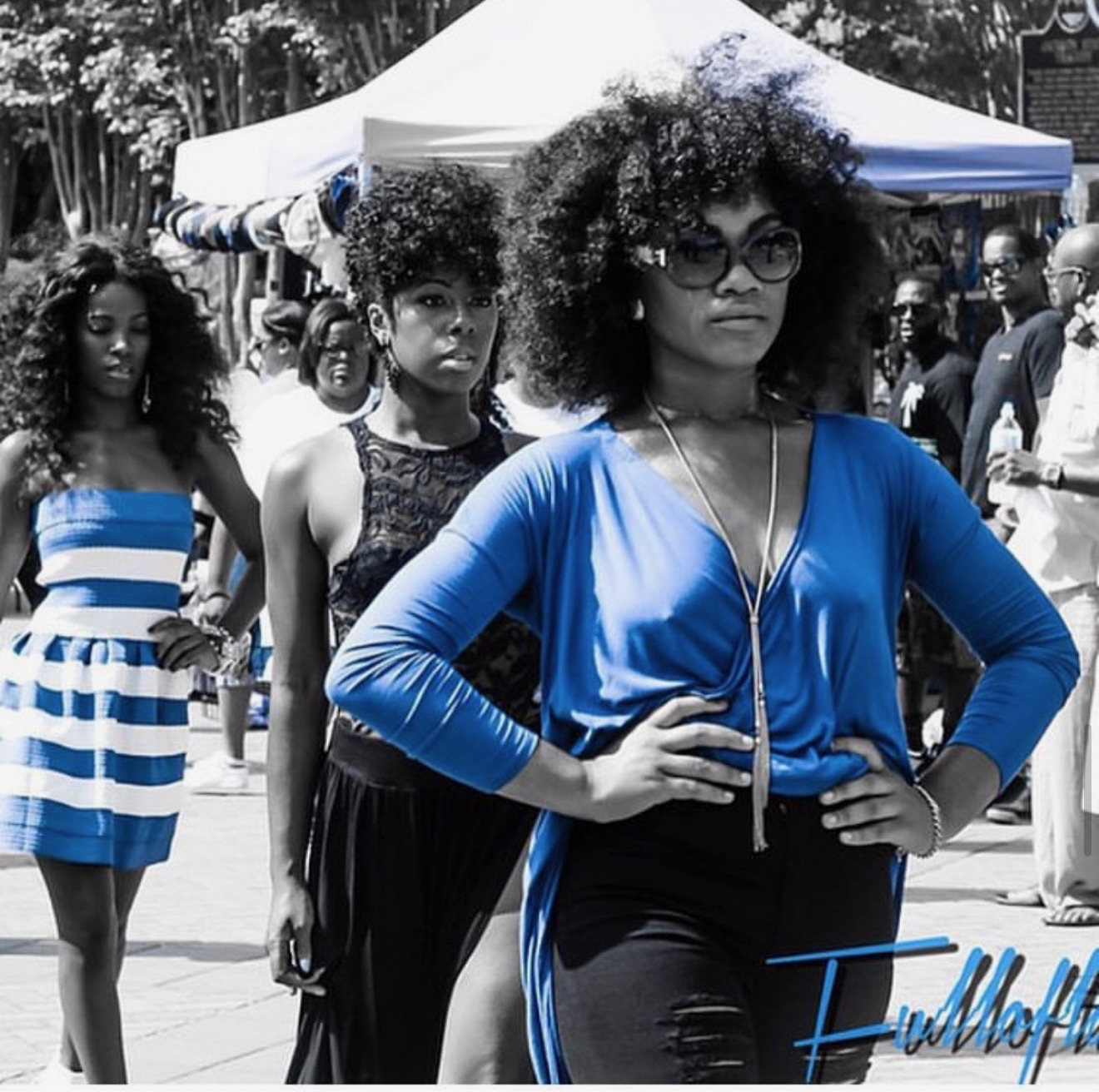 Royal Bleau models in blue on the street